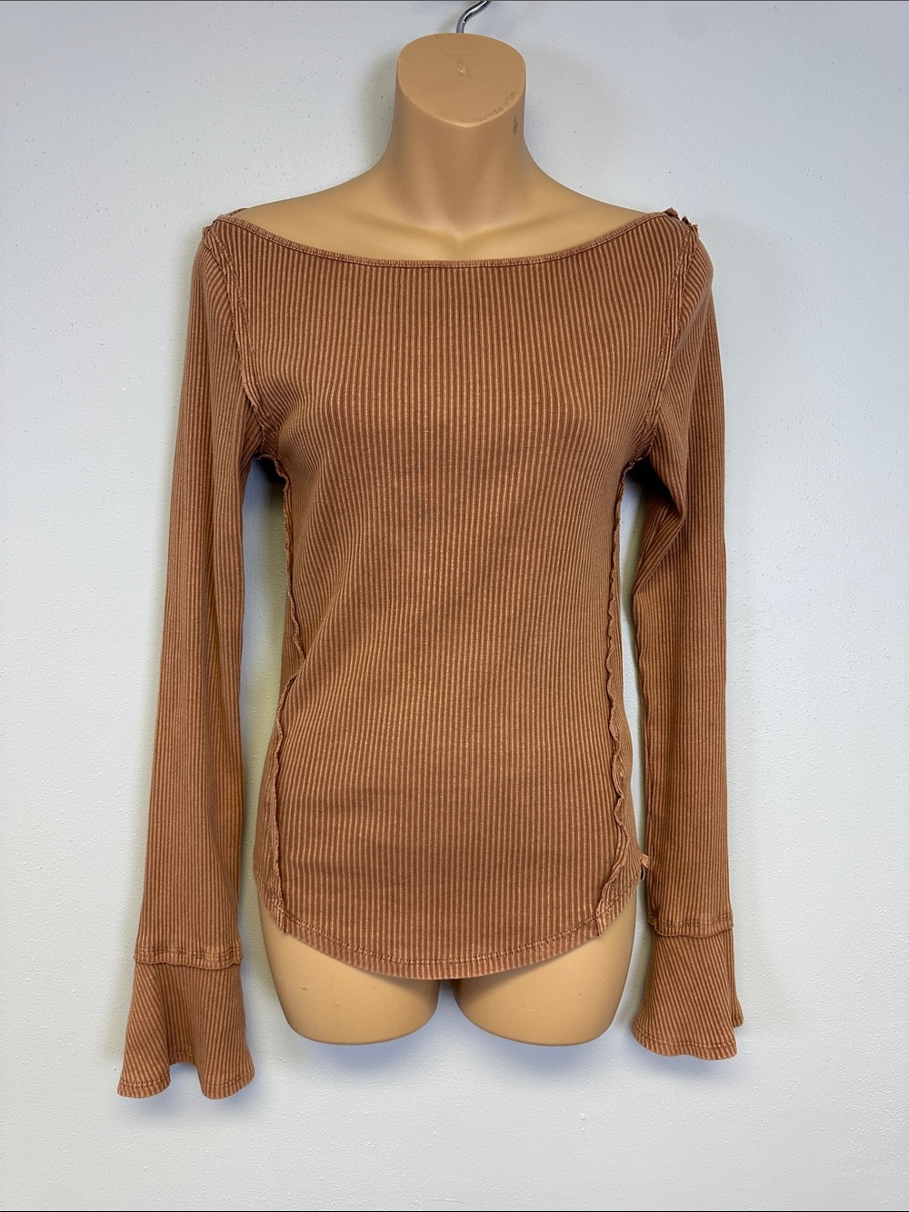 We the Free Soul Sister Ribbed Bell-Sleeve Boatneck Layering Top in Cedarwood